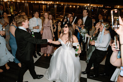 full wedding dance floor with bride and groom dancing