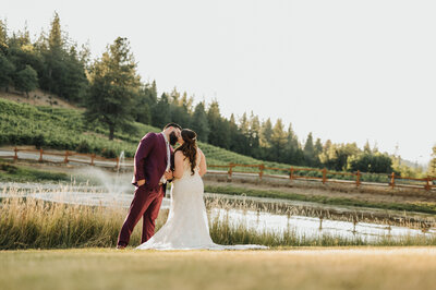 Charming wedding portrait of a bride and groom by a tranquil pond at a lush vineyard. The groom, wearing a stylish burgundy suit, shares a loving gaze with the bride, who is radiant in her lace wedding dress. The serene natural backdrop with tall grass and greenery adds to the romantic ambiance of this memorable moment. Perfect for couples seeking a picturesque vineyard wedding, our wedding planning services ensure every detail is as beautiful and seamless as this romantic setting.