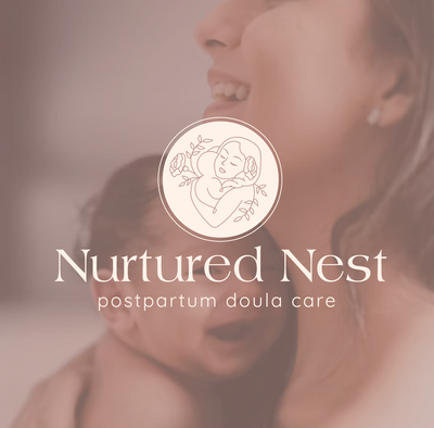 Branding for a postpartum doula care service, highlighting soft colors and nurturing visuals to reflect care and support for new mothers.