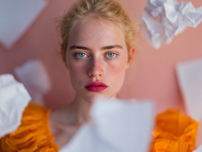 Cinematic portrait of a blonde woman in an orange ruffled dress surrounded by floating papers, representing creative transformation and personal reinvention.