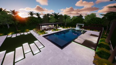 Tropical Florida backyard design with  large zero edge pool.