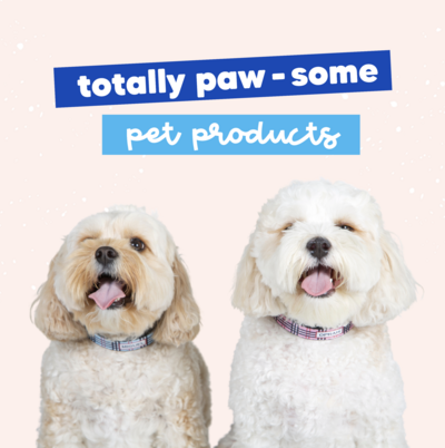 Two happy dogs with a tagline "totally paw-some pet products" - Graphic Design Portfolio Banner