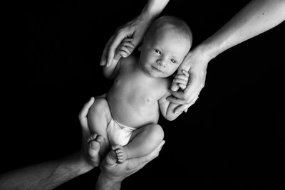 nyfödd  svartvit bebis håller i sin mammas fingrar