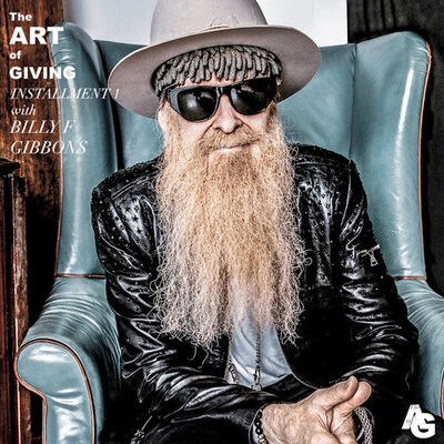 Billy F Gibbons The Art of Giving Instagram Image Billy sitting in Blue Chair with his hands together in his lap