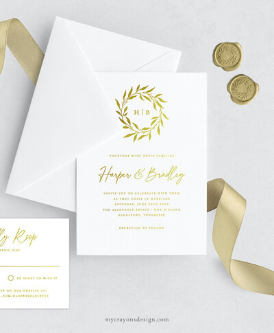gold foil wedding invitations with rsvp card and wax seals