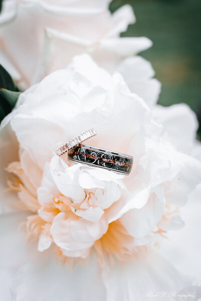 close up of wedding rings sitting on a flower