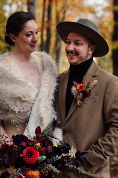 Edson Hill in Stowe Vermont elopement with fall florals by blossoming bough and vintage mens wear style