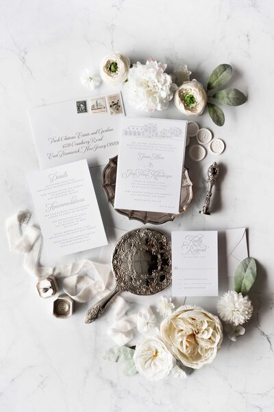 custom letterpress and blind deboss wedding invitations, custom pink wedding invitations, Park Chateau wedding invitations