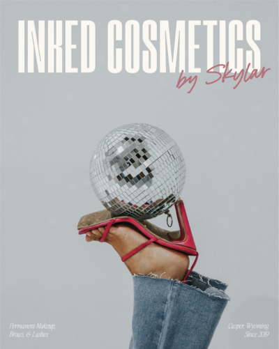 Inked Cosmetics brand mockup featuring a disco ball balanced on pink high heels