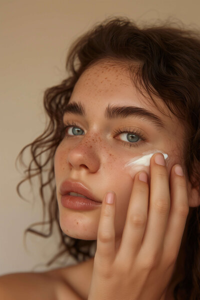 Woman applying skincare that supports healthy, natural glow.