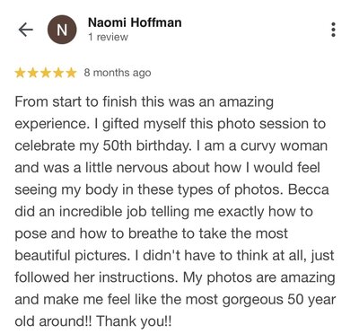 Google review for Beca Bruner Photo