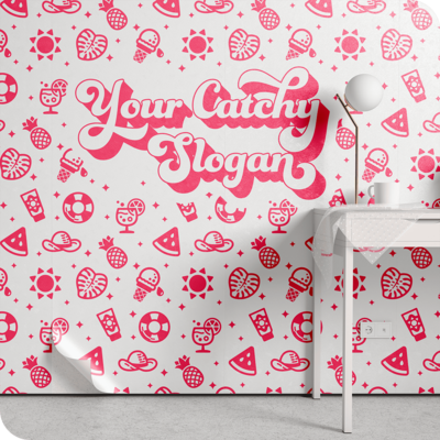 An fun, summery icon-based pattern and catch phrase in white and pink applied to a wall