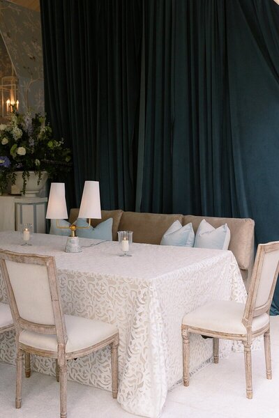 Indoor wedding reception design in the Southeast US.