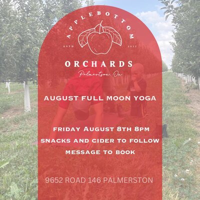 August Full Moon Yoga event information in a red shape with a man doing yoga in the orchard beside his child.
