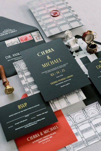 Custom Wedding Invitations Baltimore MD made for George Peabody Library on iconic venue floor styled with dice, cards, cherries, champagne and cigar