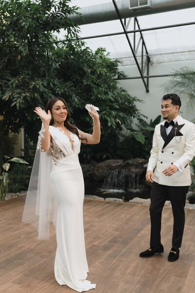 modern style fun dancing photo bride and groom