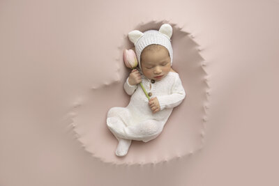 newborn baby, laying in a heart, holds a flower close to her chest.