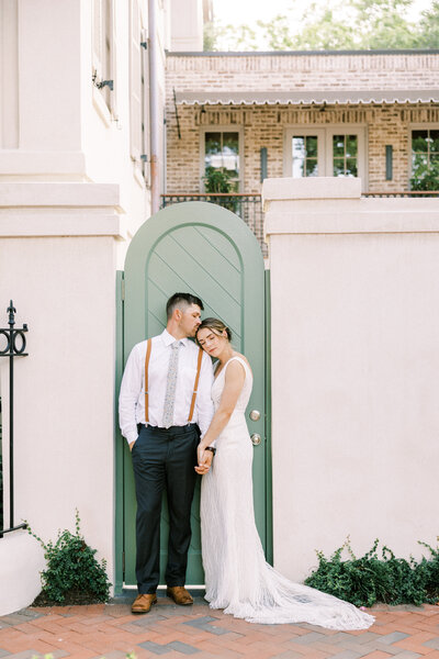 Bride and groom walk up memorial steps at their DC wedding