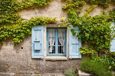 A rustic stone wall with a window, framed by light blue shutters. Green ivy and plants surround the window, with partially closed shutters. White curtains are visible inside, adding charm to the scene.