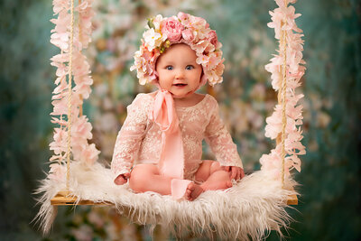 Delightful milestone photography session featuring a baby girl on a floral swing, captured in Leawood, Kansas. A favorite for families seeking whimsical baby photography in the Kansas City metro area."