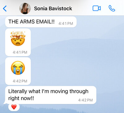 Screenshot: "THE ARMS EMAIL!! Exploding head emoji. Crying emoji. Literally what I'm moving through right now!!"