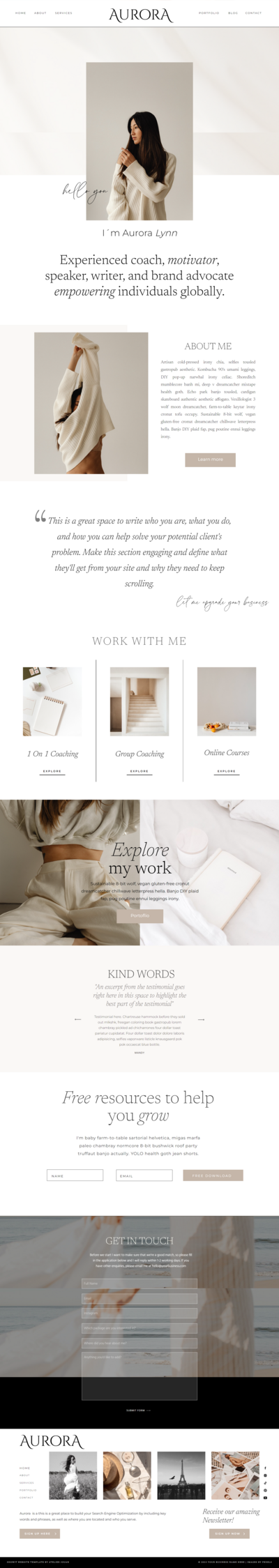 Aurora is a minimalist and elegant showit website template for service providers like coaches, photographers, and personal brands, including influencers and bloggers.