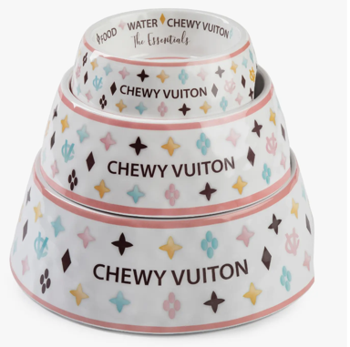 White Chewy Vuiton Pet Bowls Available in 3 Sizes