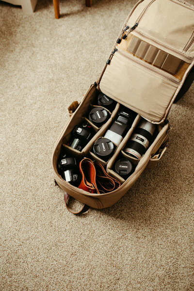 Photography lenses and gear packed inside a camera bag