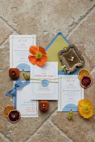 Luxury wedding invitation with textured paper and custom envelope liner