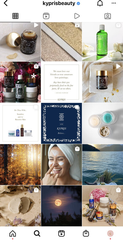 Kypris Beauty's Instagram grid before working with Love Social Media to drive sales and increase their Instagram audience