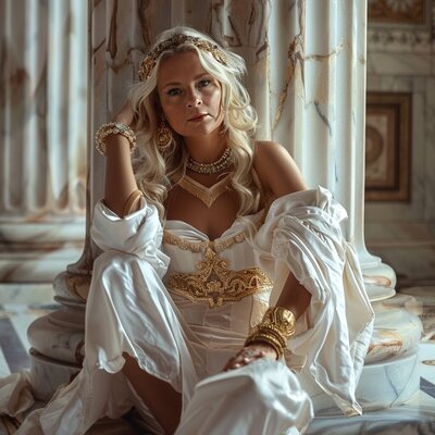 Life-like AI portrait of a woman in Greek goddess outfit