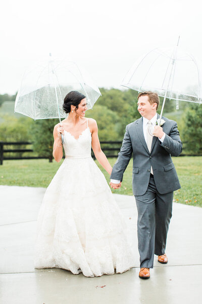 bride and groom with umbrellas