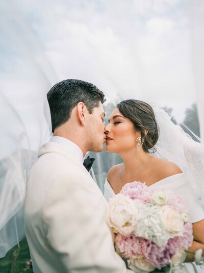 wedding couple under veil under a willow tree at the Pearmund Cellars Northern va Vineyard venue