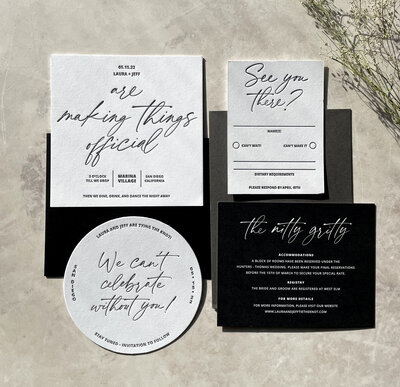 modern script black and white wedding invitation suite