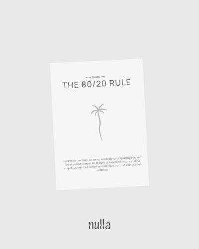 Greyscale minimalist social media template with the title 'the 80 20 rule' with a palm tree illustration underneath.