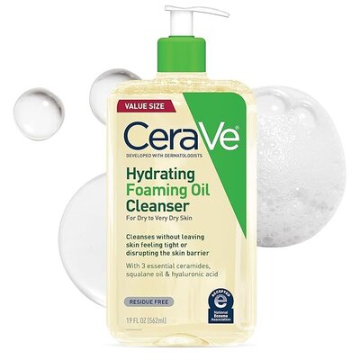 CeraVe Hydrating Foaming Oil Cleanser, a gentle nighttime face wash recommended by The Budget Dermatologist to cleanse and protect the skin barrier.