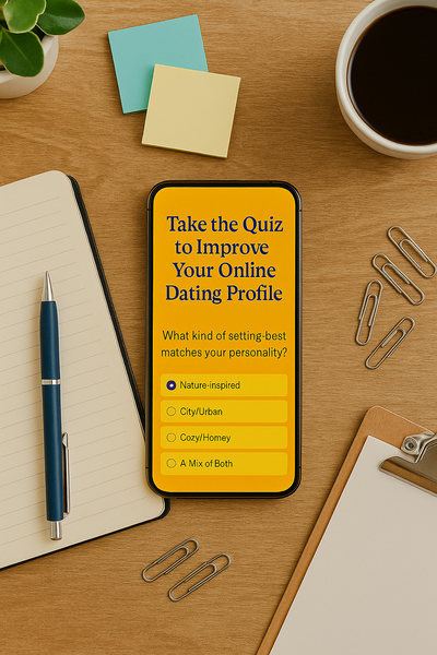 Flat lay of smartphone displaying an online dating style quiz with bright yellow background, surrounded by office supplies and coffee on wooden desk — perfect for lifestyle branding and dating profile engagement.