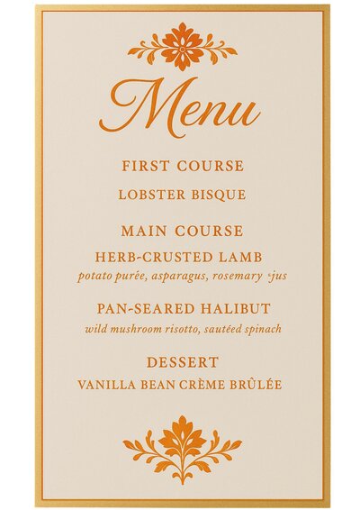 Luxury bespoke wedding stationery menu card in orange 