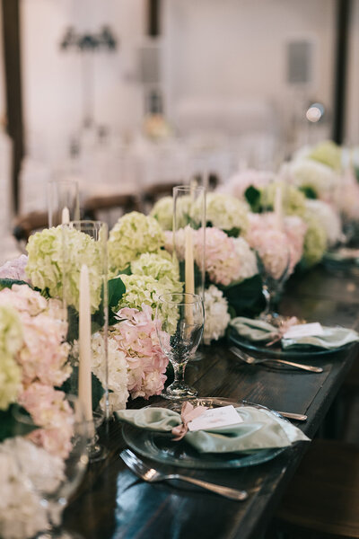 Pink and white hydrangea centerpieces designed by Abby Grace Florals at Anderson SC wedding