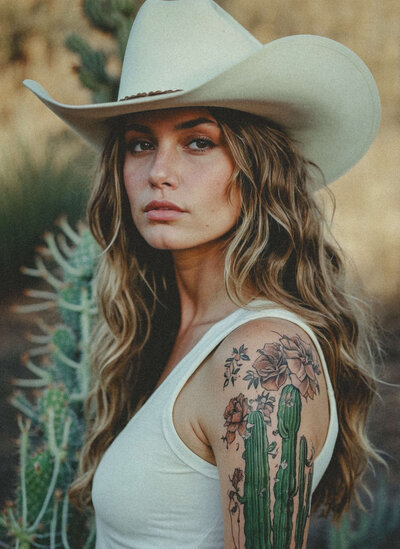 A woman with long, wavy hair and a cowboy hat stands confidently in front of a cactus. Her white tank top reveals floral and cactus tattoos, showcasing her Sweet Pea Ink Creative flair—a perfect blend of artistry and brand identity.