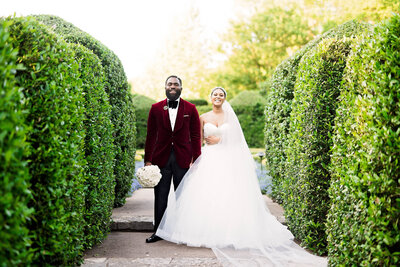 Bride and groom at a garden outdoor wedding