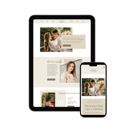 ipad and phone with home page of claire thompson showit website template