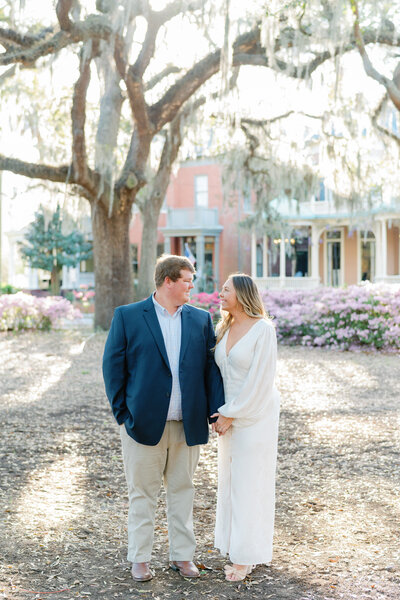 Engagement pictures in downtown Savannah by Forsyth Park