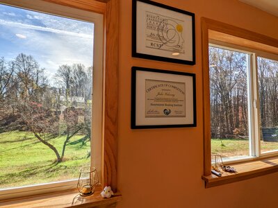 Charm City Craniosacral therapy studio in Ellicott City, Maryland — a peaceful blue cottage surrounded by trees and natural light.