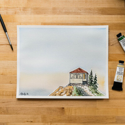 Watercolor painting of a fire lookout in Washington state by Amy Duffy
