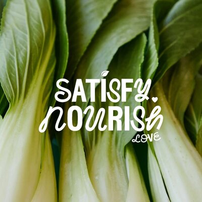 Branding image for a nutritionist featuring the words "satisfy, nourish, and love" in a warm, playful design.