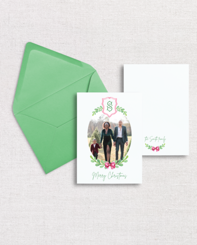 Preppy Pink and Green Christmas Card with Family Photo