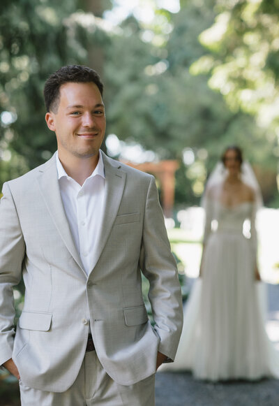 Bride and Groom first look at Evergreen Gardens Ferndale WA
