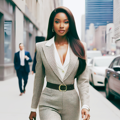 Woman in a fashionable business suit walking down the street on a sidewalk.