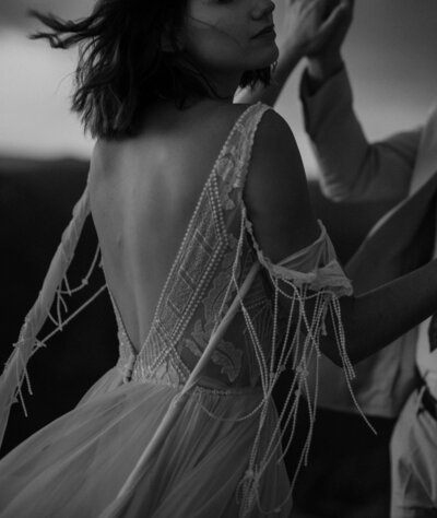 Bride's hair blows in the wind